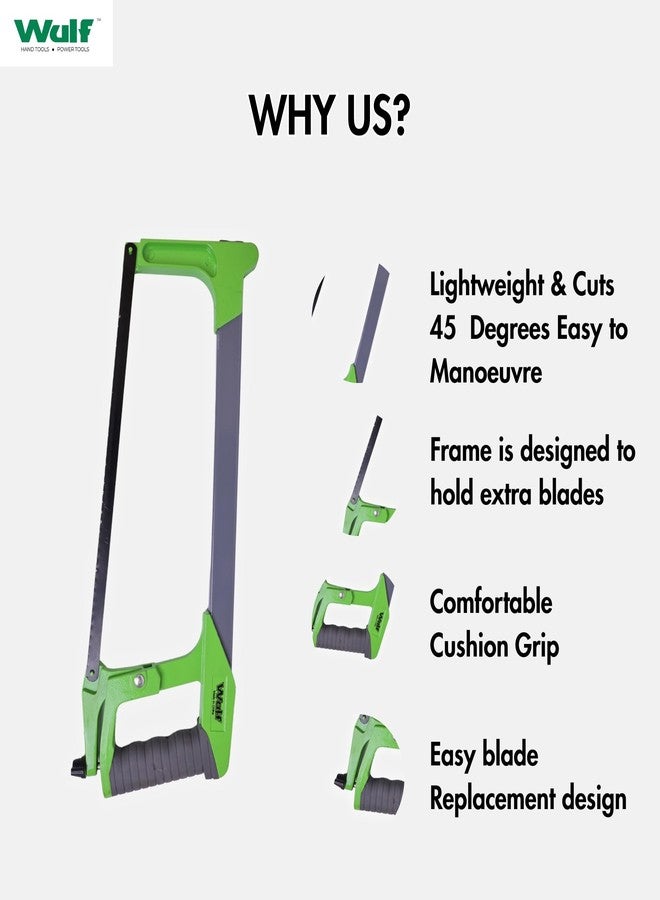 WULF 12 Inch Adjustable Hacksaw Frame (Green) | Heavy Duty Steel Frame with Ergonomic Handle | Compatible with Standard Hacksaw Blades | Ideal for Metal, Wood & Plastic Cutting | Hand Tool - Image 4